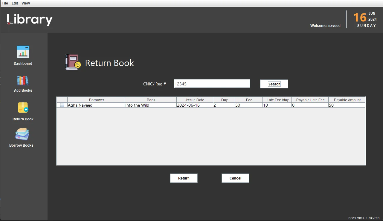 Library Management System Return Book Page